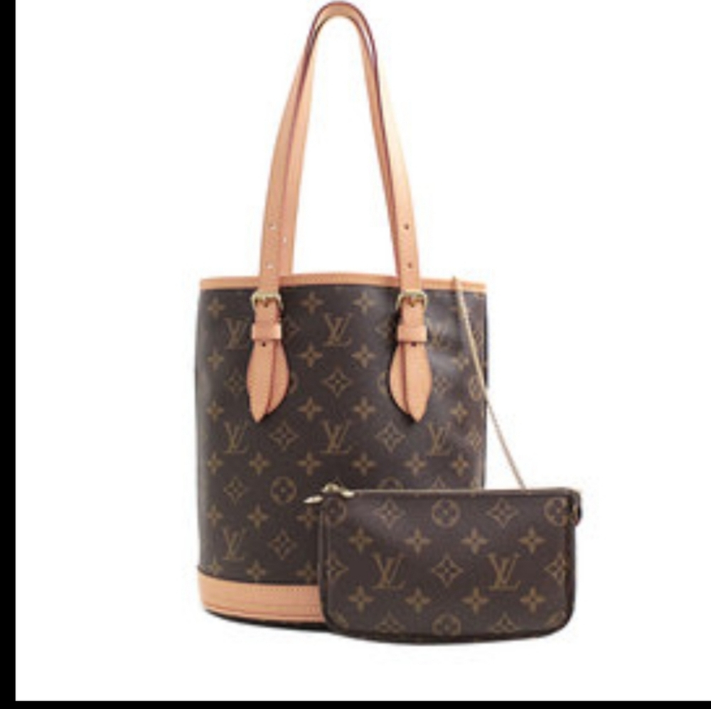 Authentic Louis Vuitton Petite Bucket bag with the Cosmetic Bag. Tan + Brown